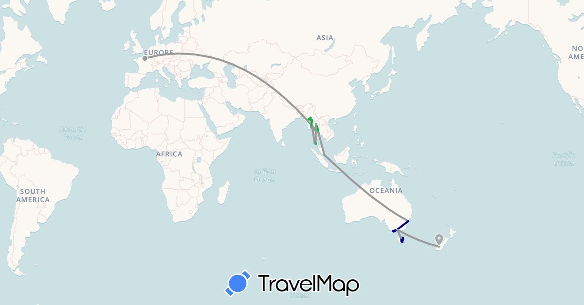 TravelMap itinerary: driving, bus, plane, hiking, boat in Australia, France, Myanmar (Burma), New Zealand, Singapore, Thailand (Asia, Europe, Oceania)